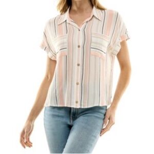 Eden & Olive Striped Short Sleeve Button Up Shirt Sz L NWT